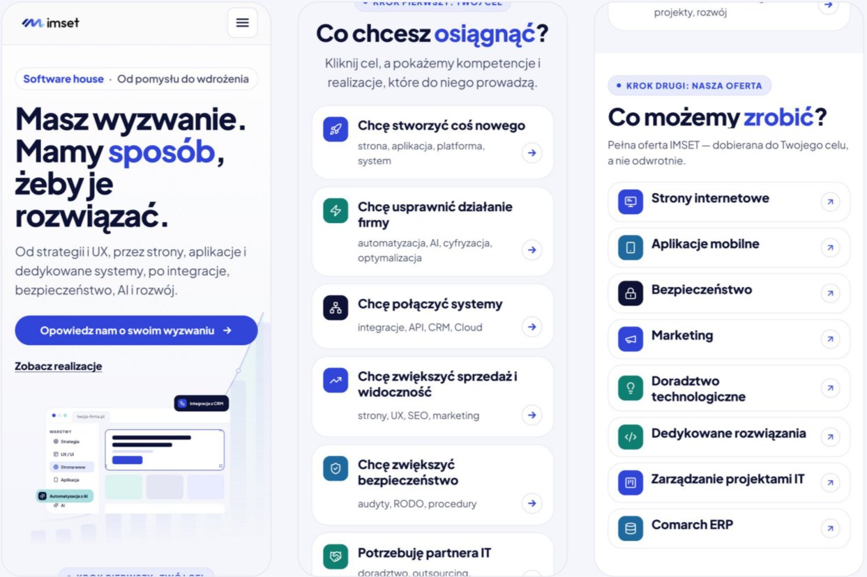 Trzy ekrany strony IMSET w wersji mobilnej
