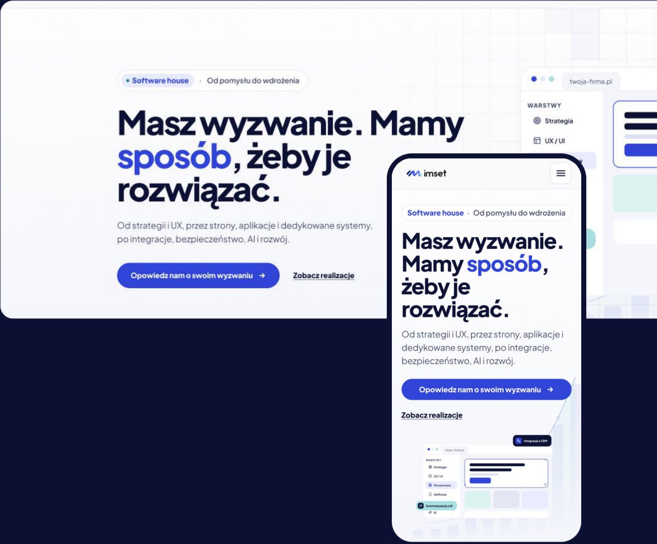 Nowa strona główna IMSET na desktopie i telefonie: „Masz wyzwanie. Mamy sposób, żeby je rozwiązać.”