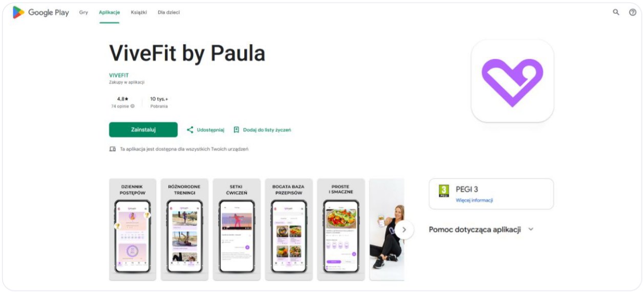Strona aplikacji ViveFit by Paula w Google Play
