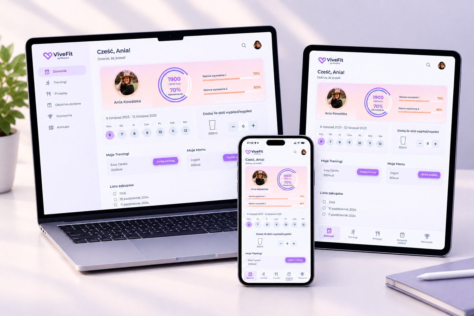 Dziennik aplikacji ViveFit na laptopie, tablecie i telefonie